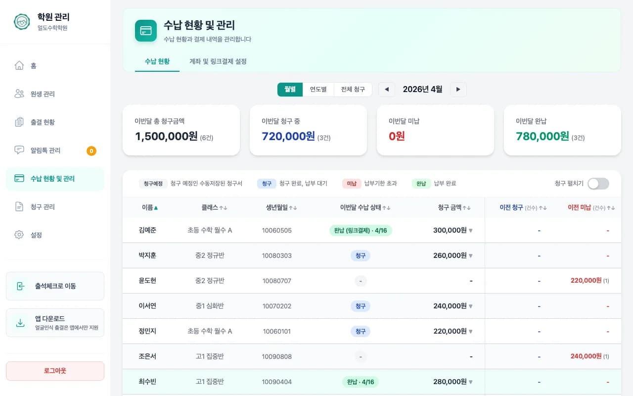 월별 청구서와 수납·미납 상태가 정리된 수납 현황 화면