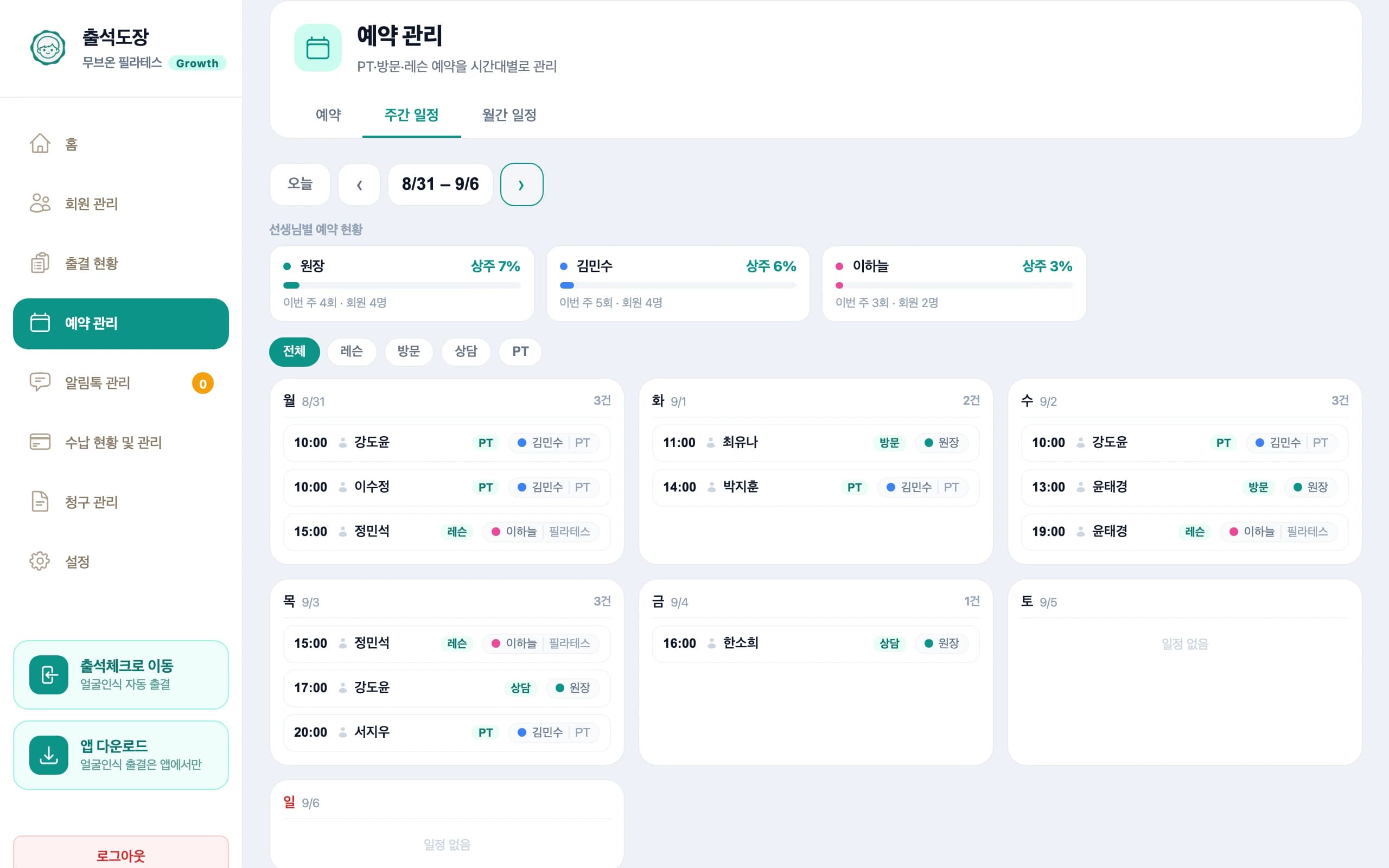 예약 관리 — 요일별 예약 목록과 유형 필터